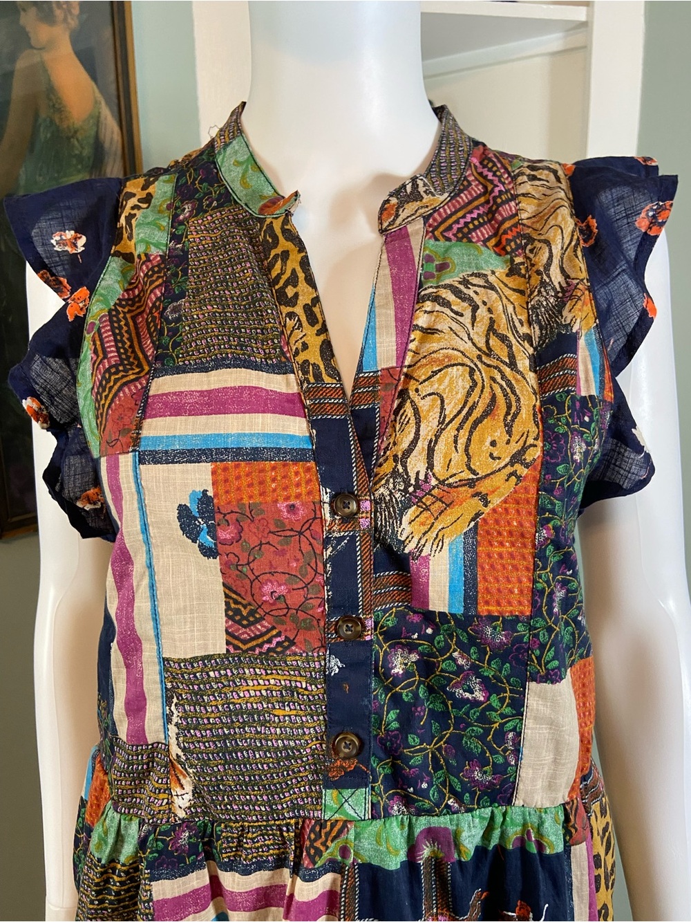 Pilcro Patchwork Tiger Leopard Tiered Mini Babydoll Dress XSmall XS - Picture 7 of 15